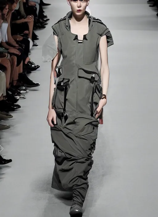 Image similar to a portrait of a model detailed features wearing a cargo wedding dress - sporty, sleek, tech utility - chic trend. lots of zippers, pockets, synthetic materials, jumpsuits chic'techno fashion trend by issey miyake and balenciaga