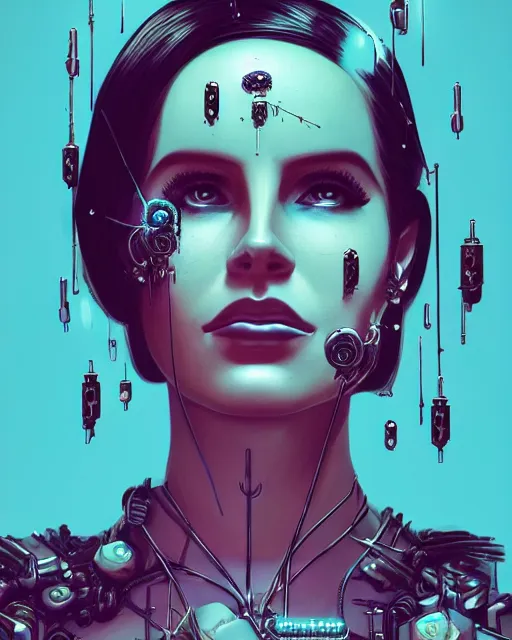 Prompt: portrait of lana del rey as a cyborg. intricate abstract. intricate artwork, tear drops, roses, crucifix, by tooth wu, wlop, beeple, dan mumford. concept art, octane render, trending on artstation, greg rutkowski, symmetrical, cinematic, key art, hyper realism, iridescent accents