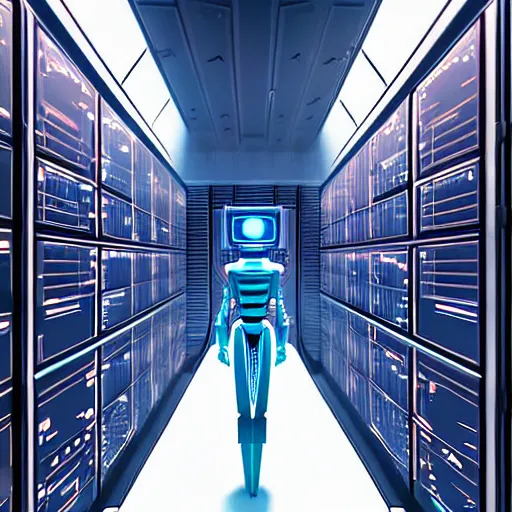 Prompt: hyperrealism stock photo of highly detailed stylish robot in futuristic sci - fi style by gragory crewdson and vincent di fate in the detailed data center by mike winkelmann and laurie greasley