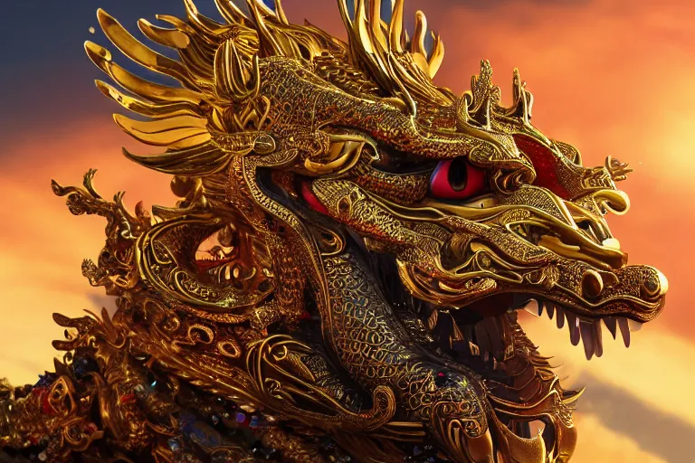 Prompt: cinematic closeup portrait of a golden chinese dragon intricately decorated with colorful jewels, detailed textures, strong bokeh, sunrays, dramatic sunset lighting, unreal engine, cgsociety, artstation, 4k