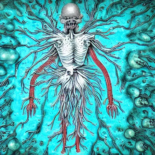 Prompt: pseudomonas aeruginosa, the bacterial god of death and pestilence. flagellated blue green cyan transparent bacterial monster covered in needle cannon type - iii secretion systems injecting toxins into human cells and multi - drug efflux pumps. fantastic detail. close up microscopy. false color. perfect composition.