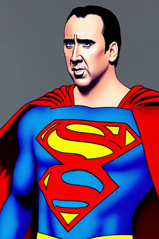 Prompt: portrait of nicolas cage as superman looking away from the camera, intricate, extremely detailed digital painting by mark brooks, artstation