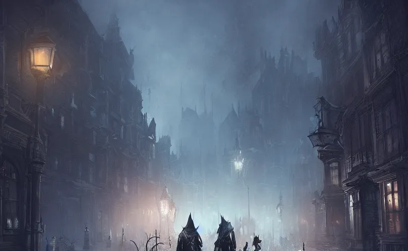 Image similar to Victorian city streets night, bloodborne, Greg Rutkowski, digital art, artstation