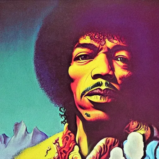 Prompt: colour portrait masterpiece photography of jimi hendrix full body shot by annie leibovitz, ultrawide angle, moebius, josh kirby, weird surreal epic psychedelic complex biomorphic 3 d fractal landscape in background by roger dean and syd mead and kilian eng and james jean and giger and beksinski, greg hildebrandt, 8 k