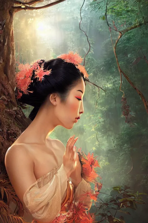 Image similar to stunningly beautiful, peruvian geisha prima ballerina in jungle, symmetrical face, golden hour, smooth, focus, highly detailed, hyper realistic, dramatic lighting, elegant, intricate, concept art, art by wlop, mars ravelo, greg rutowski, artstation