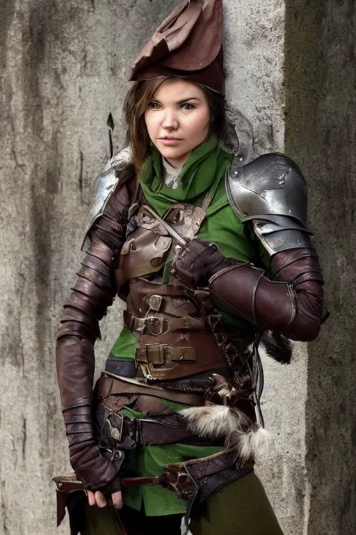 Prompt: fantasy character photo. female ranger. danielle campbell. facial expression of manic obsessive love. tall, lanky, athletic, wiry. brown & dark forestgreen leather armor. little feathered hat, lightgreen, worn at jaunty angle. black hair in ponytail. bright blue eyes. leaning against the exterior wall of a tavern