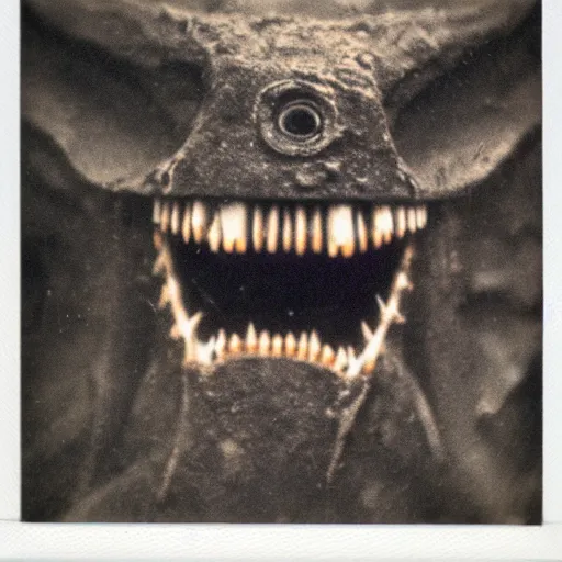 Image similar to polaroid of terrifying monsters shallow depth of field slightly blurred