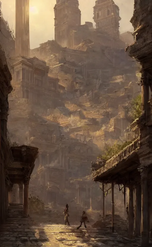 Prompt: a painting of a roman city trending on artstation in the style of greg rutkowski