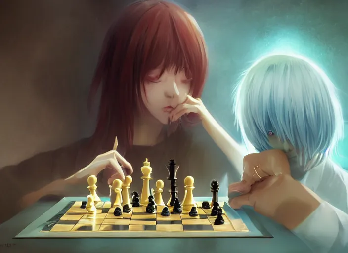 Image similar to rimuru playing chess, with gold eyes, straight hair, sky blue hair, long bangs, high collar, concept art, award winning photography, digital painting, cinematic, by wlop, anime key visual, wlop, 8 k, by ross tran, tom bagshaw, andy warhol