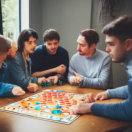 Image similar to photo of a dozen people sitting around a wooden rectangular table playing a board game