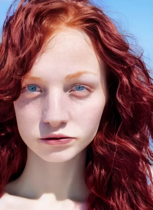 Image similar to close up portrait photograph of a thin young redhead woman with russian descent, sunbathed skin, with deep blue eyes. Wavy long maroon colored hair. she looks directly at the camera. Slightly open mouth, face takes up half of the photo. a park visible in the background. 55mm nikon. Intricate. Very detailed 8k texture. Sharp. Cinematic post-processing. Award winning portrait photography. Sharp eyes.