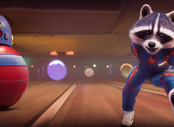 Image similar to film still of Rocket Racoon goes bowling in the new Avengers movie, 4k