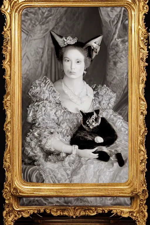 Image similar to a silver gelatin photo portrait of a royal cat, outrageously fluffy, on an embroidered velvet cushion on a neo - rococo gilded little bed, by david lachapelle, photorealistic, photography, wide shot