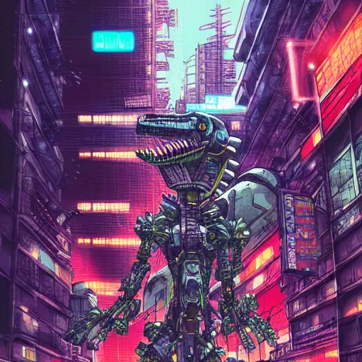 Prompt: hyper-detailed, intricate, full colour anime illustration of a mecha dinosaur standing at a ghetto street corner with graffiti in the background, night, city, dark, cyberpunk