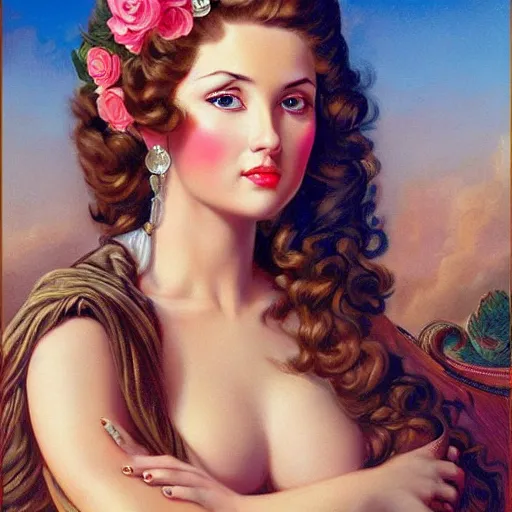 Prompt: woman, long hair, ultra detailed, beautiful eyes, by greg hildebrandt fancy rococo baroque oil painting high quality clothed in fancy garb in pin up style