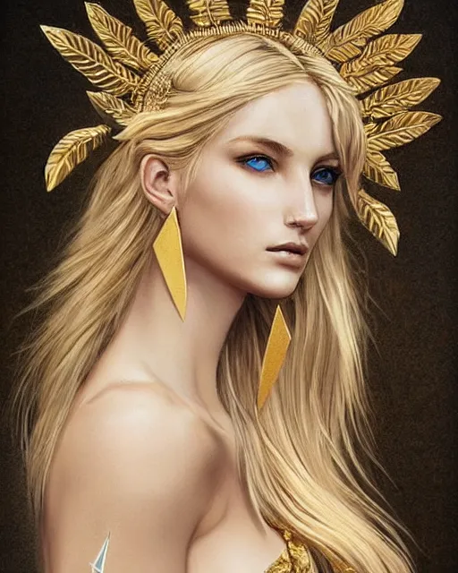 Image similar to tattoo design sketch of hot blonde super model as aphrodite greek goddess wearing a gold laurel wreath and triangle earrings, beautiful piercing gaze with sharp pupils, in the style of greg rutkowski, fantasy, amazing detail, epic, elegant, smooth, sharp focus, front view