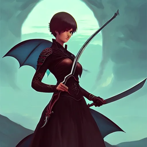 Image similar to a woman holding a sword with a dragon on it, concept art by Ilya Kuvshinov, contest winner, fantasy art, official art, concept art, high detail, experimental, high quality, hyperrealistic, 4k