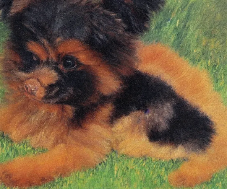 Image similar to brown and black pomeranian, cute, monet, oil painting