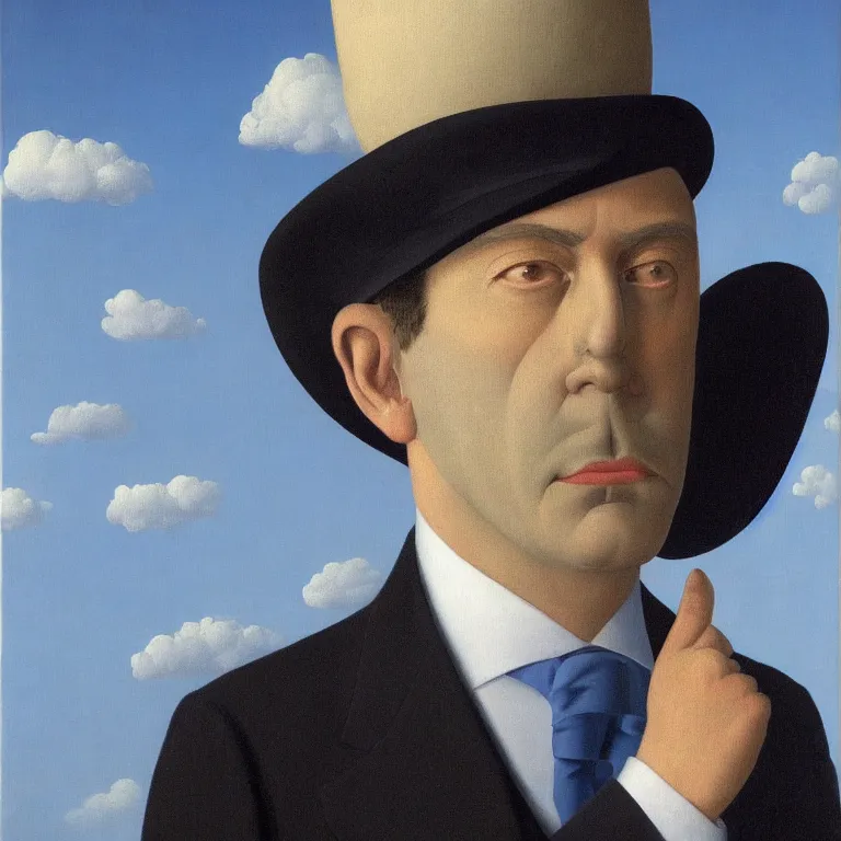 Image similar to portrait of a man in a suit, his face is fully made of clouds and he is wearing a hat, by rene magritte, detailed painting, hd, hq, high resolution, high detail, 4 k, 8 k