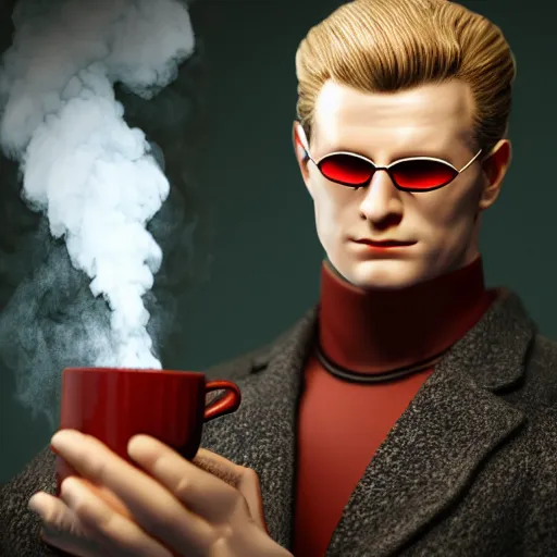 Prompt: albert wesker holding a small steaming china cup of tea, romanticism style, detailed facial proportions