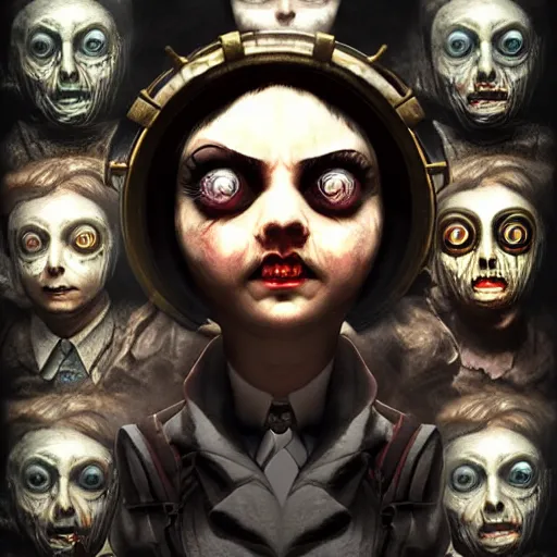 Image similar to realistic detailed 8 k deformed scary creepy fearfully face portraits of layers of fear in the style of bioshock