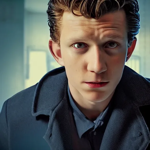 Image similar to tom holland as a rough dirty old man with a scruffy beard in a dark blue trenchcoat as the new doctor who, cinematic, volumetric lighting, f 8 aperture, cinematic eastman 5 3 8 4 film, photorealistic