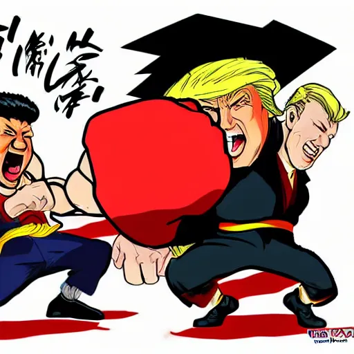 Image similar to donald trump vs xi jinping street fighter duel, fight, digital art, cartoon