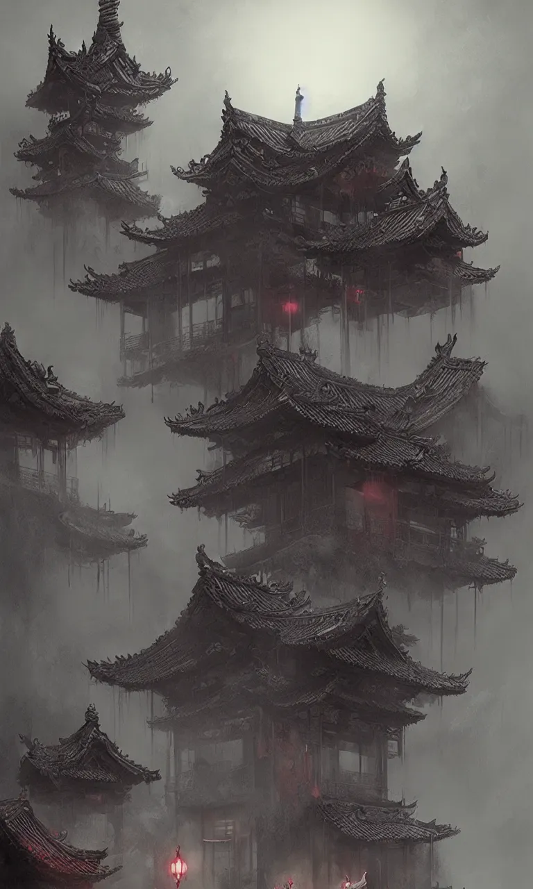 Prompt: chinese horror detailed art, house of the deceased, cinematic view, detailed, concept art, high detail, dark fantasy lighting, volumetric, trending on artstation, art greg rutkowski