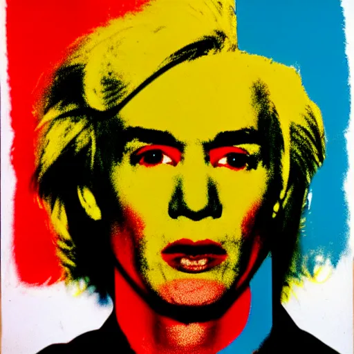 Prompt: colour portrait of angry andy warhol, 20 years old, who looks straight into the camera, with shoulders visible in the frame. in the style of andy warhol