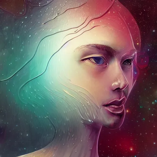 Image similar to beautiful detailed artistic portrait of a person travelling between different astral planes. grainy and rough. fine detail. soft colour scheme. artistic painting by lurid ( 2 0 2 2 ). featured on deviantart.