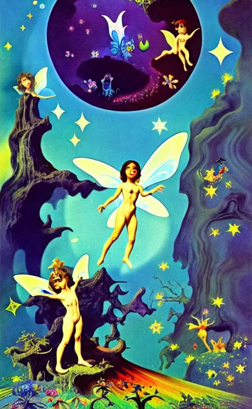 Image similar to small fairies, enchanted forest, small animals, stars in the sky, rainbows, hallucination, psychotropic psychedelic, wide angle shot, white background, vector art, illustration by frank frazetta by salvador dali