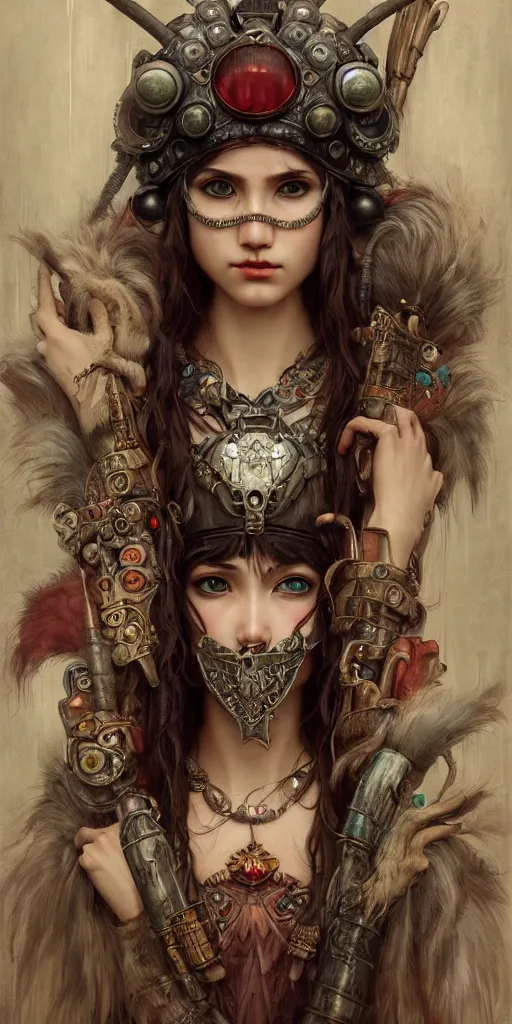 Image similar to hyper realistic Princess Mononoke, ornate mask, wet market street, cyberpunk metropolis, city landscape, jewels, style of tom bagshaw, mucha, james gurney, norman rockwell, denoised, sharp