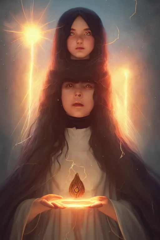 Image similar to a cute wizard girl conjuring a lightening ball, character art portrait, anime key visual, official media, illustrated by tom bagshaw, wlop, william bouguereau, extremely detailed, 8 k, trending on artstation, cinematic lighting, beautiful