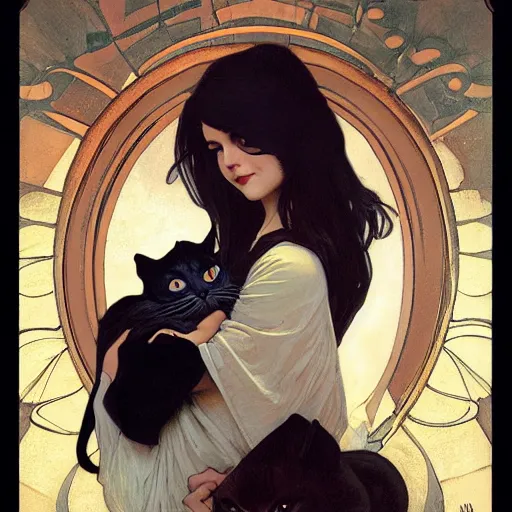 Prompt: cute!!! goth girl with long dark hair parted sideways thick eyebrows and dark eyes, she is holding a cat in her arms, by juan villafuerte, greg rutkowski and alphonse mucha, pexels contest winner, high quality photo, rtx, hd