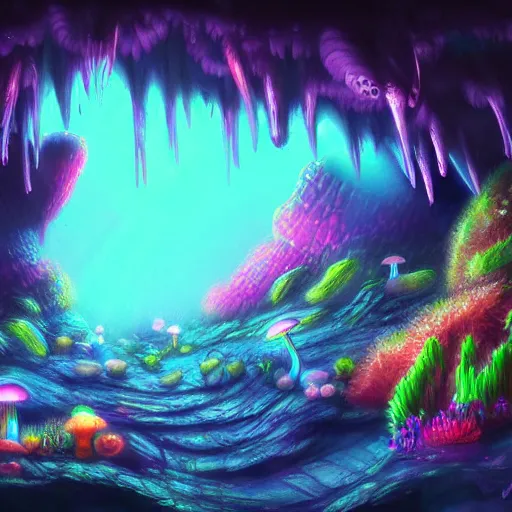 Prompt: deep sea cave, fantasy, neon mushrooms, illuminated by mushrooms, scenic underground environment, anime underwater landscape, cave, 8k, digital art, trending on art station