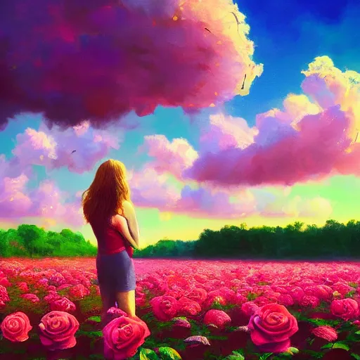 Image similar to large rose for face, girl frontal in a flower field, surreal photography, sunrise dramatic light, impressionist painting, colorful clouds, digital painting, artstation, simon stalenhag