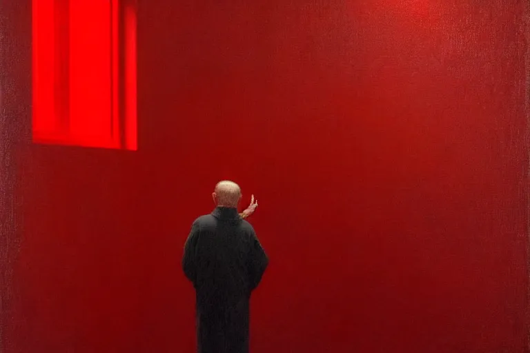 Image similar to only with red, a red old man try to sell a portrait, cheering crowd, in the style of beksinski, parts by edward hopper, parts by rodcenko, parts by yue minjun, intricate and epic composition, red by caravaggio, insanely quality, highly detailed, masterpiece, red light, artstation, 4 k