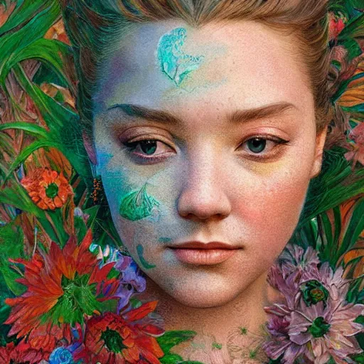 Image similar to margaery tyrell, exterior botanical garden, portrait face, colorful, frantisek kupka, intricate, miles johnston, kuroda seiki, cynical realism, ozabu, john william godward, painterly, yoshitaka amano, moebius, miles johnston, louise zhang, james jean, mark ryden lowbrow pop surrealism art style