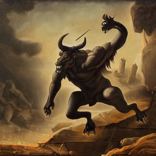 Image similar to A detailed dark painting of a dark raging minotaur looking aggressive and confused, he is surrounded by a ruin, he is floundering, there is a ladder in the background it is going upwards, muffled colours