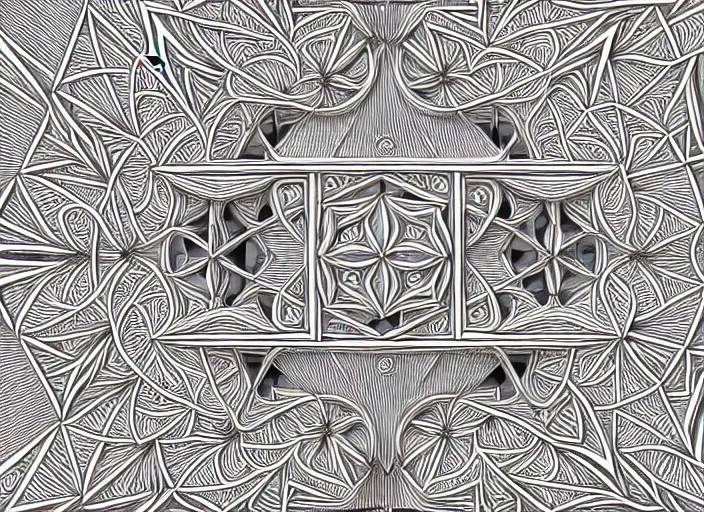 Image similar to symmetry! science university, intricate filigree, elegant, highly detailed, concept art, smooth, sharp focus, lineart, illustration, 3 d occlusion, thinline with black on white on gray, 8 k