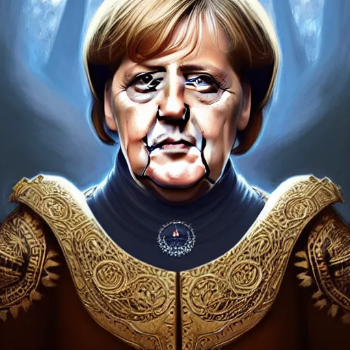 Image similar to Portrait of Angela Merkel with beard, D&D, blue eyes, face, !dark fantasy!, intricate, elegant, highly detailed, digital painting, artstation, concept art, smooth, sharp focus, illustration, art by artgerm and greg rutkowski and alphonse mucha