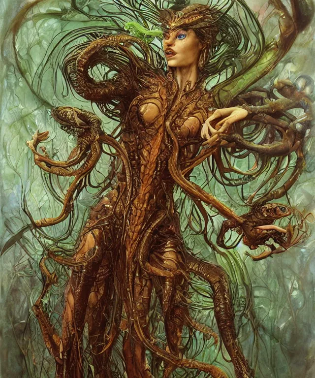 Prompt: portrait photograph of a fierce alien harpy queen ballerina with slimy amphibian skin. she is trying on evil bulbous slimy organic membrane fetish fashion and transforming into a fiery succubus amphibian villian medusa. by donato giancola, walton ford, ernst haeckel, brian froud, hr giger. 8 k, cgsociety