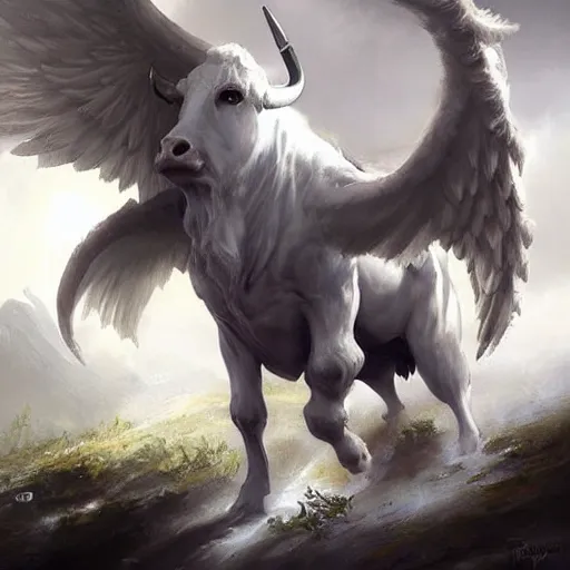 Image similar to a white bull with angelic wings, epic fantasy digital art, fantasy style art, by Greg Rutkowski, fantasy hearthstone card art style