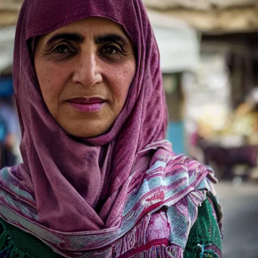 Image similar to a character portrait color photo of an iranian woman at the bazaar, wide shot, perfect face, hopeful, photojournalism, war photography, adobe, canon, nikon, flickr contest winner, neo-expressionism, art photography, industrial background, hyperrealism, chiaroscuro, anamorphic lens flare, elegant, shallow depth of field, haze, volumetric lighting, photo taken with provia, 24mm, f1.8, by Filip Hodas, by Andrew Domachowski