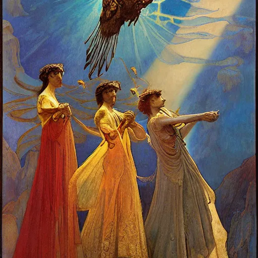 Image similar to war between the house of crows and the house of moths, by Annie Swynnerton and and Nicholas Roerich and Diego Rivera and Maxfield Parrish and Gaston Bussière , symbolist, dramatic lighting, embroidered brocade robes, god rays, rich colors,smooth, sharp focus, extremely detailed