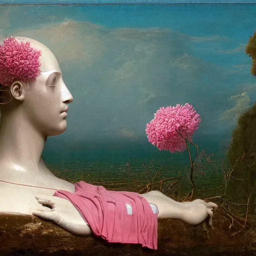 Image similar to David Friedrich, award winning masterpiece with incredible details, Zhang Kechun, a surreal vaporwave vaporwave vaporwave vaporwave vaporwave painting by Thomas Cole of an old pink mannequin head with flowers growing out, sinking underwater, highly detailed