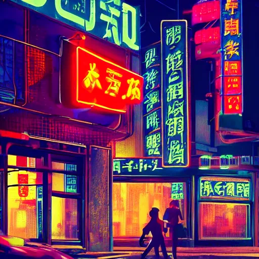 Image similar to cyberpunk street corner at night with neon signs in chinese, a McDonald's restaurant, people walking the street in the style of Edward Hopper