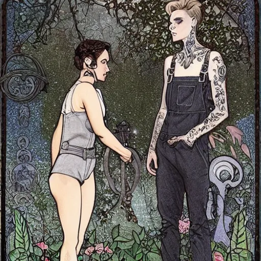 Prompt: short - haired tattooed heroic stoic handsome muscular blonde butch tomboy woman engineer in overalls standing beside dark fae feathered gothic jennifer connelly in black cloak standing together in a beautiful lush garden at night, in love, highly detailed, trending on art station, mucha