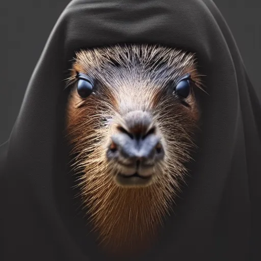 Prompt: a portrait of a baby capybara wearing a black hood, cloak covering face, anatomically correct, beautiful perfect face, enigmatic, oil painting, matte, black background, volumetric dynamic lighting, highly detailed, cinematic lighting, unreal engine, 8 k, hd, by beksinski