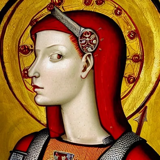 Image similar to a woman with red short hair, red hair, wearing a medieval armor, intricated details armor, holy knight, a halo on her head, holy saint, holy ichonography, catholic fresco